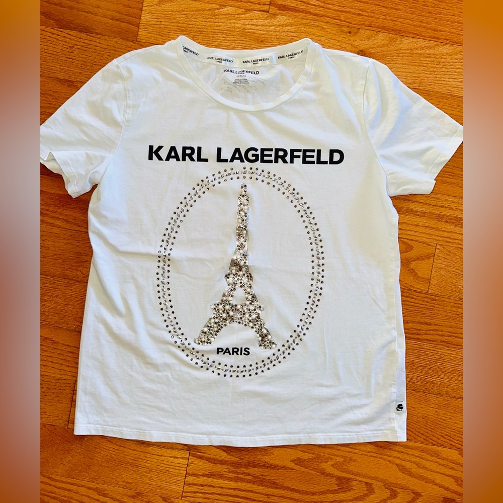 KARL LAGERFELD Women Paris Icons White  T-Shirt- M